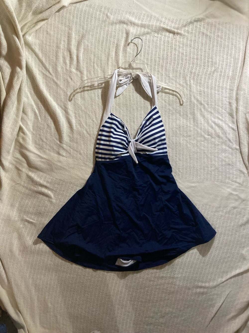 COCOSHIP Navy Blue and White Striped Halter Swimdress Size 12